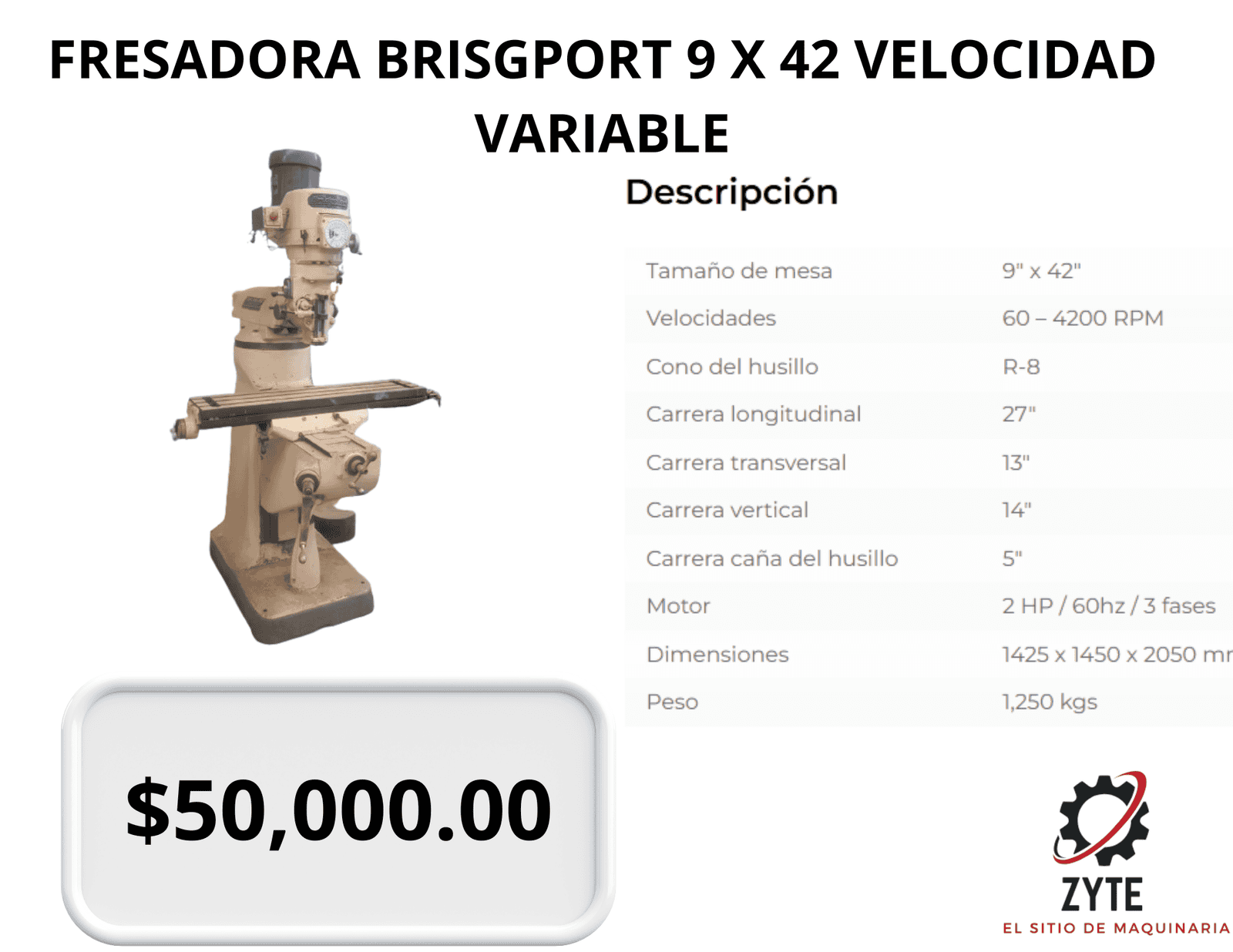 FRESADORA BRISGPORT 9 X 42 VELOCIDAD VARIABLE